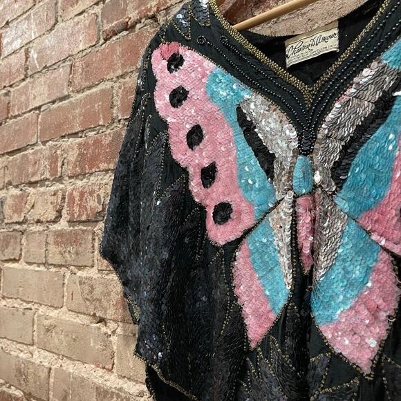 Vintage Chanson D'Amour Sequin Butterly Dolman Sleeve Cropped Top - Picture 5 of 8
